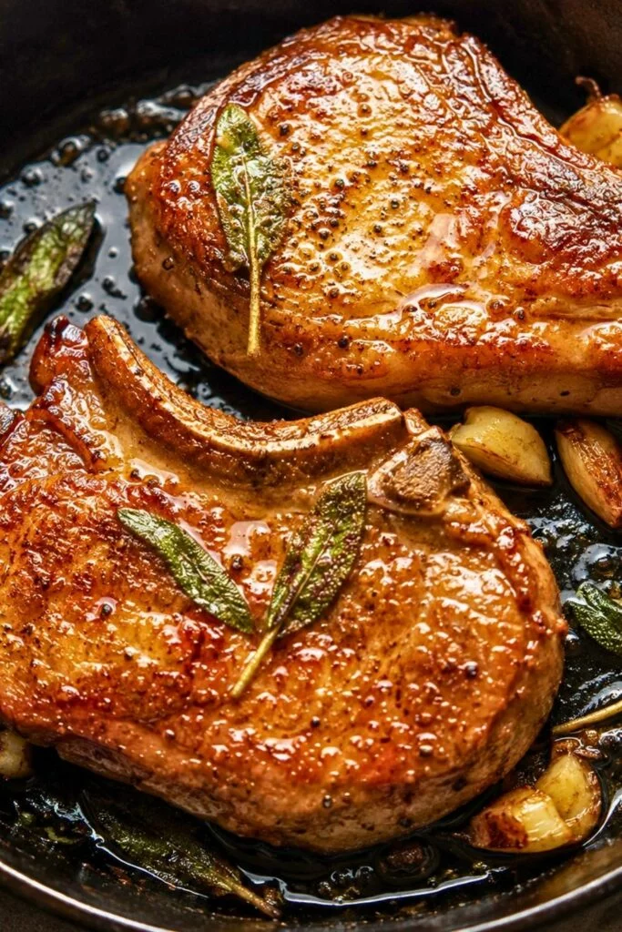 Garlic Butter Juicy Pork Chops in a Skillet