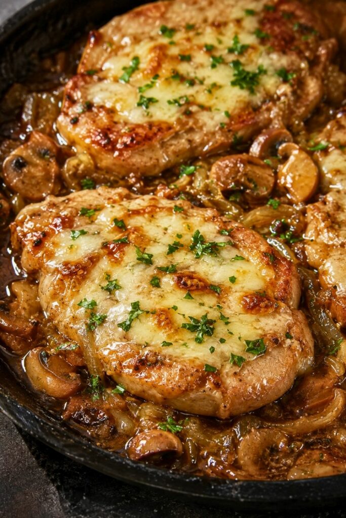 French Pork Chops with cheese and mushrooms