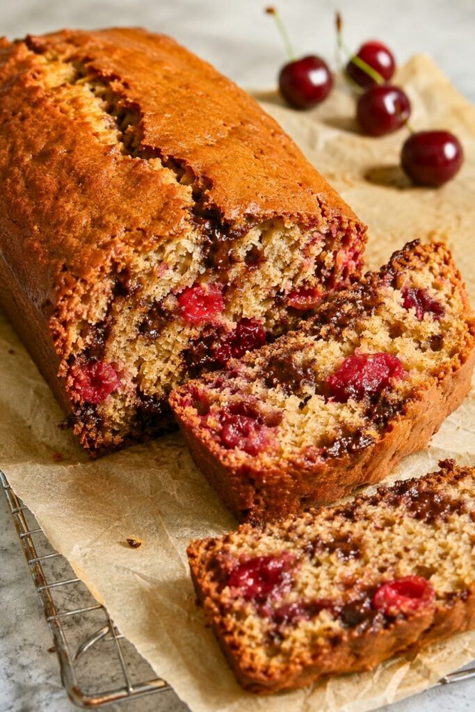 Whole Wheat Chocolate Chip Cherry Bread with cherries in the background