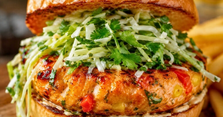 Southwestern Salmon Burgers With Lime Cilantro Slaw