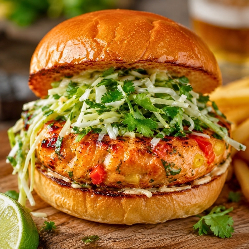 Southwestern Salmon Burgers With Lime Cilantro Slaw