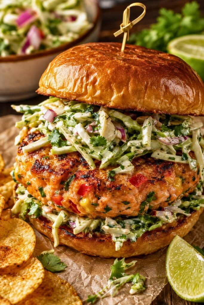 Southwestern Salmon Burgers With Lime Cilantro Slaw
