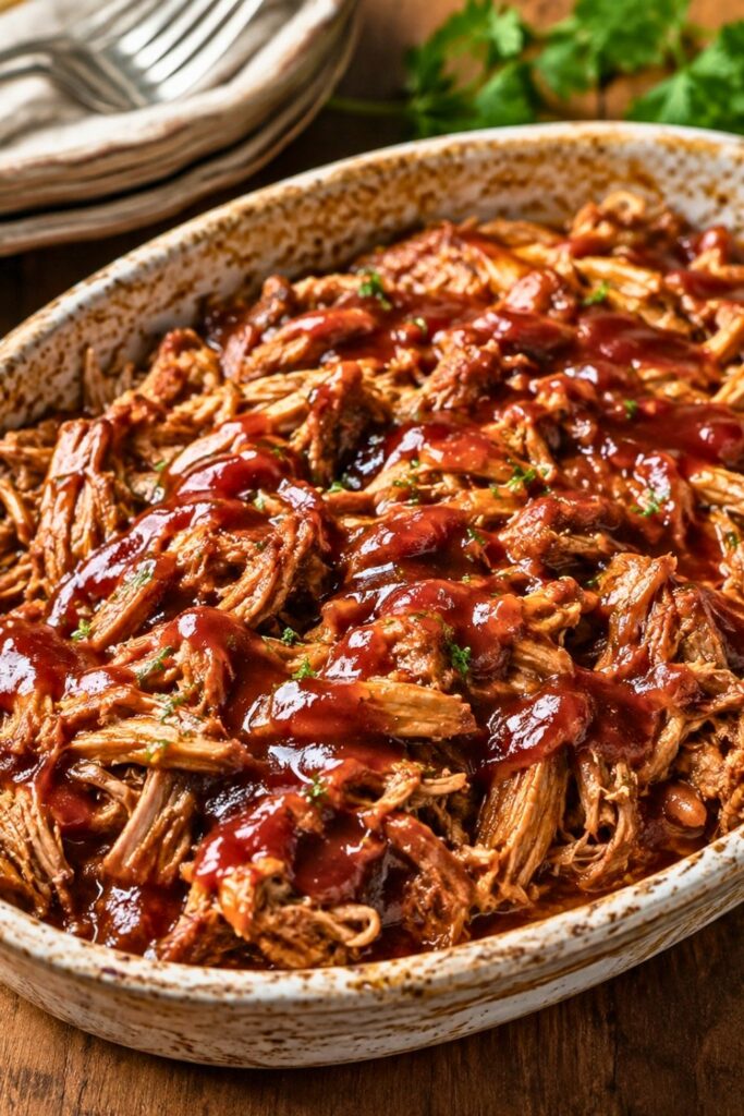 Instant Pot Pulled Pork in a pan with bbq sauce