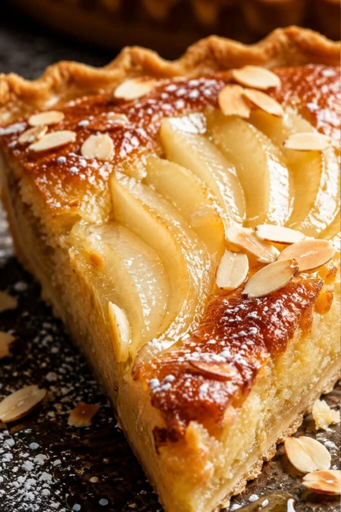 French Pear Almond Tart sliced piece macro photo