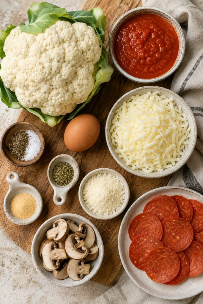 Ingredients for Low-Carb Pepperoni Pizza with Cauliflower Crust