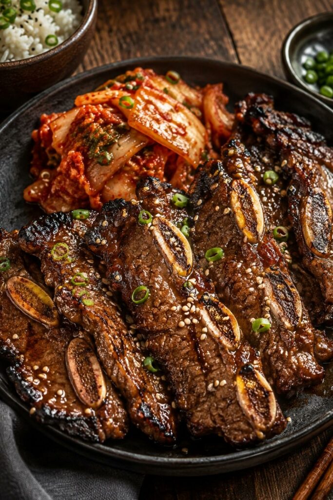 Korean Grilled Beef Short Ribs with kimchi on the side