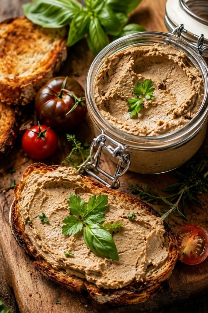 Beef Liver Pate spread on rustic bread with tomatoes