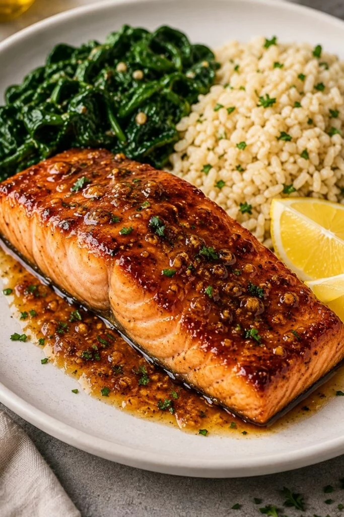 Honey Glazed Salmon with Apple Cider with spinich and rice