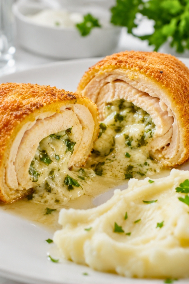 Original Chicken Kiev on a plate with mashed potatoes