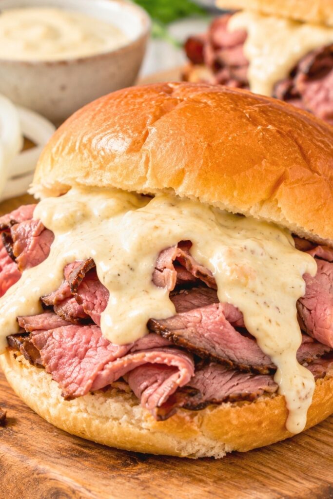 Easy Tiger Sauce on roast beef sandwich