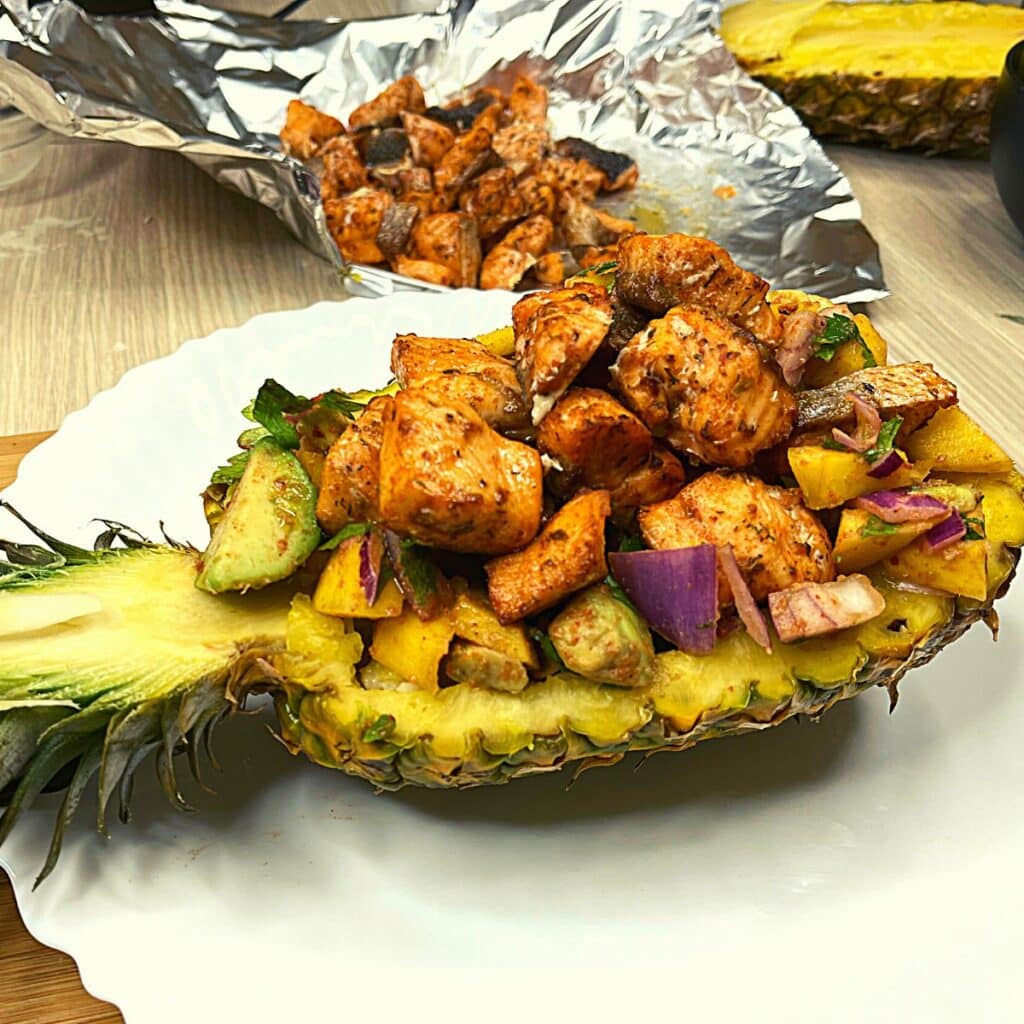 AirFryer Salmon Bites in Pineapple Bowl Cooking Frog