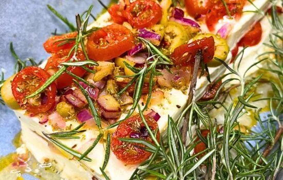 Baked Feta with Olives and Basil Marinade