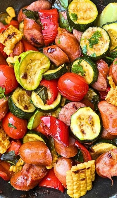 One-Pan Summer Sausage Skillet with Basil-Cilantro Sauce