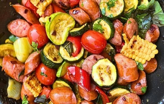 One-Pan Summer Sausage Skillet with Basil-Cilantro Sauce
