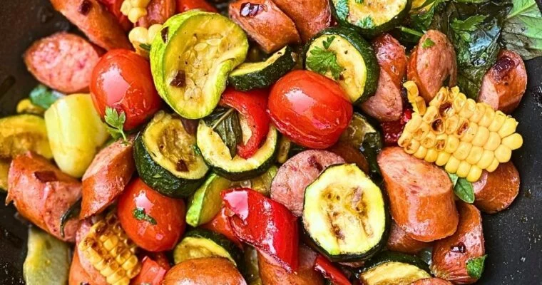 One-Pan Summer Sausage Skillet with Basil-Cilantro Sauce