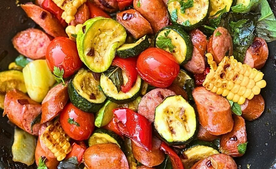 One-Pan Summer Sausage Skillet with Basil-Cilantro Sauce