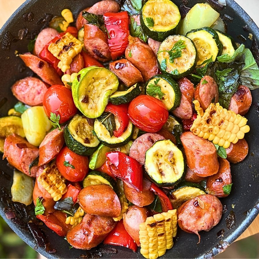 One-Pan Summer Sausage Skillet with Basil-Cilantro Sauce