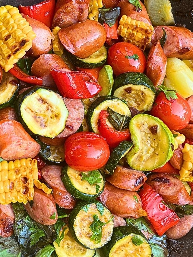 One Pan Summer Sausage Skillet with Basil Cilantro Sauce