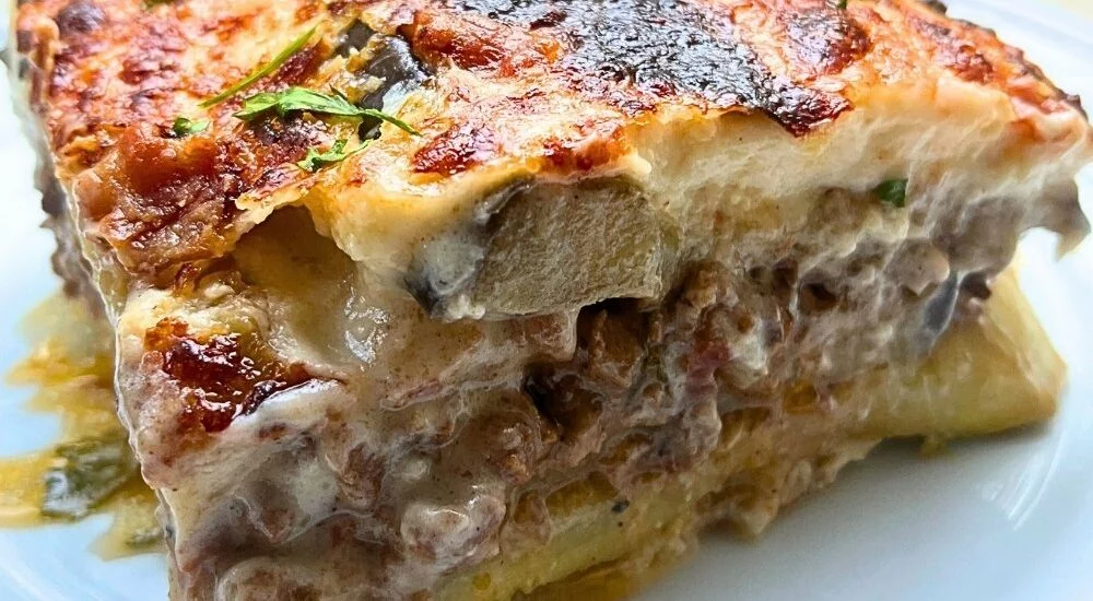 Greek Moussaka with Beef, Bacon & Creamy Pecorino Béchamel