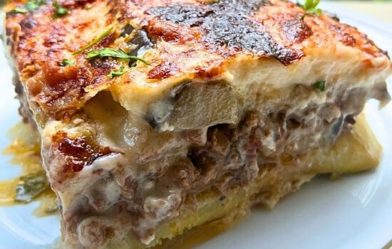 Greek Moussaka with Beef, Bacon & Creamy Pecorino Béchamel