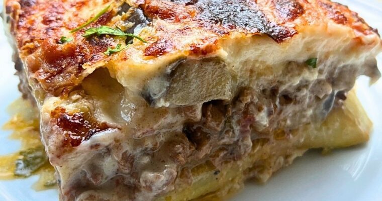 Greek Moussaka with Beef, Bacon & Creamy Pecorino Béchamel