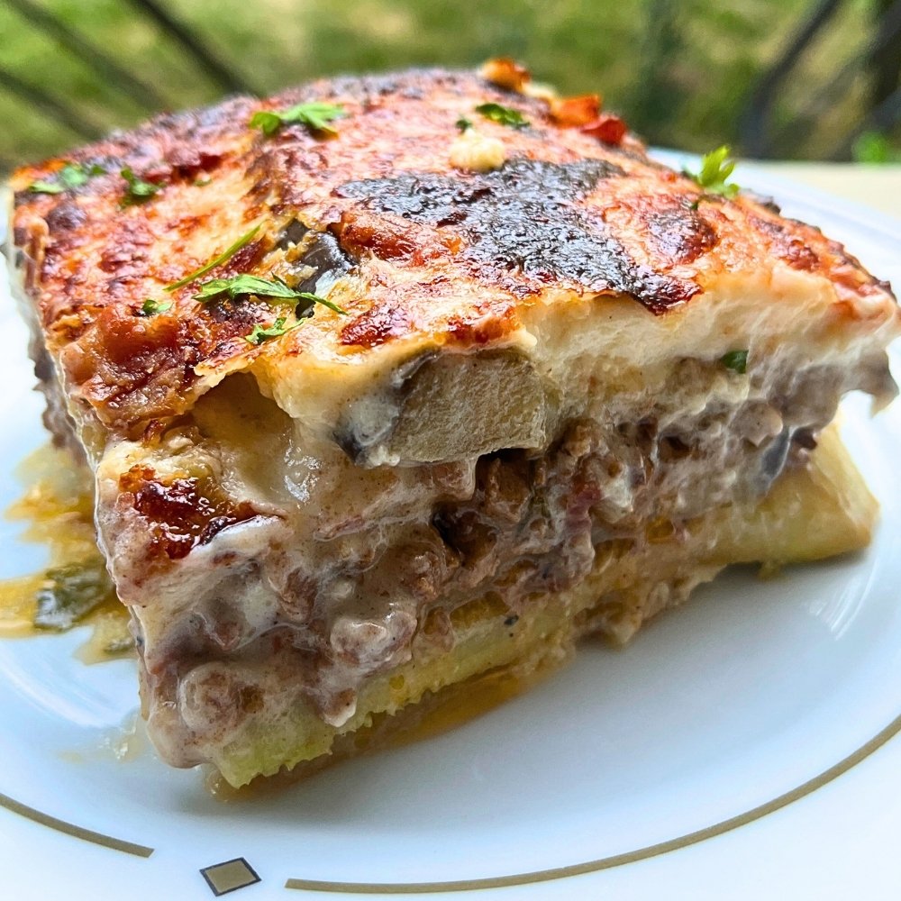 Greek Moussaka with Beef, Bacon & Creamy Pecorino Béchamel