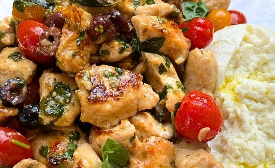One-Pan Mediterranean Chicken with Tomatoes, Gremolata & Burrata