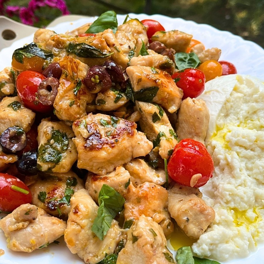 One-Pan Mediterranean Chicken with Tomatoes, Gremolata & Burrata