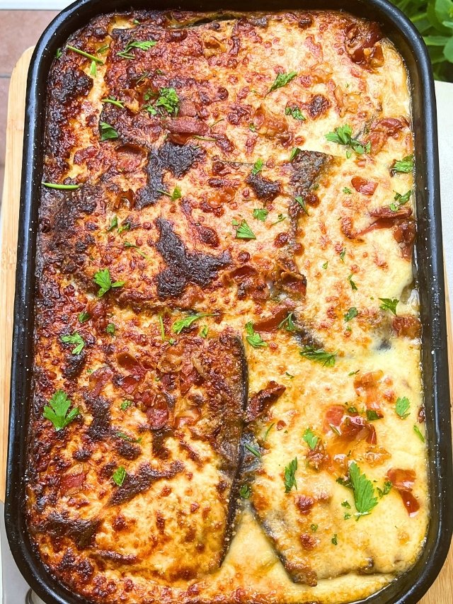 Greek Moussaka with Beef Bacon Creamy Pecorino Bechamel