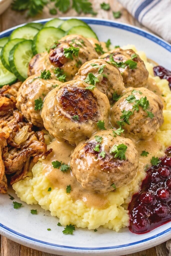 Swedish Meatballs with Lingonberry Jam, Mashed Potatoes and cucumbers