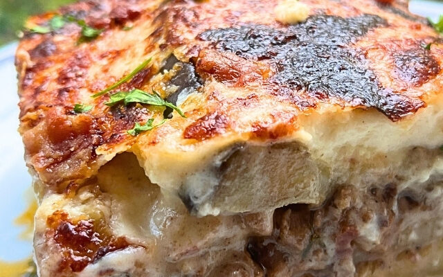 Greek Moussaka with Beef, Bacon & Pecorino Béchamel