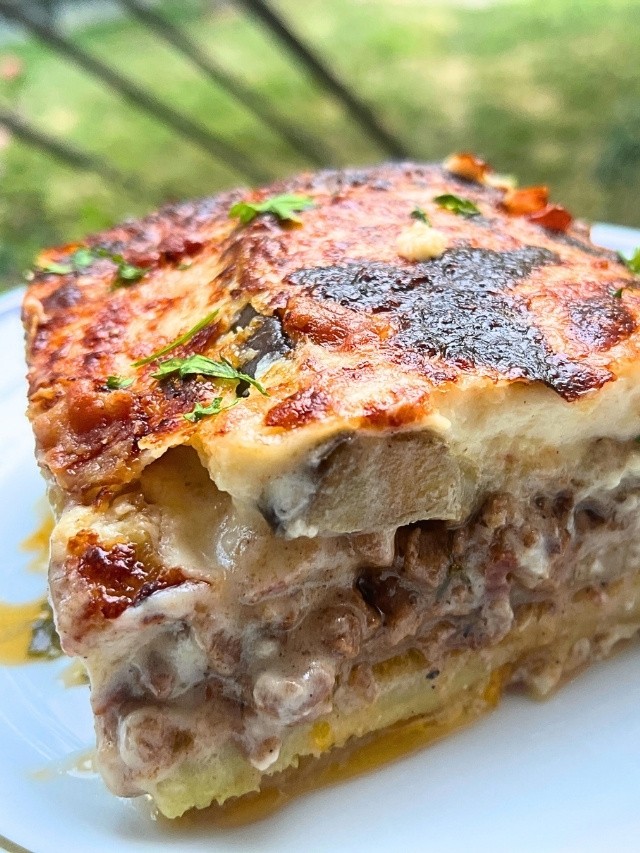 Greek Moussaka with Beef, Bacon & Pecorino Béchamel