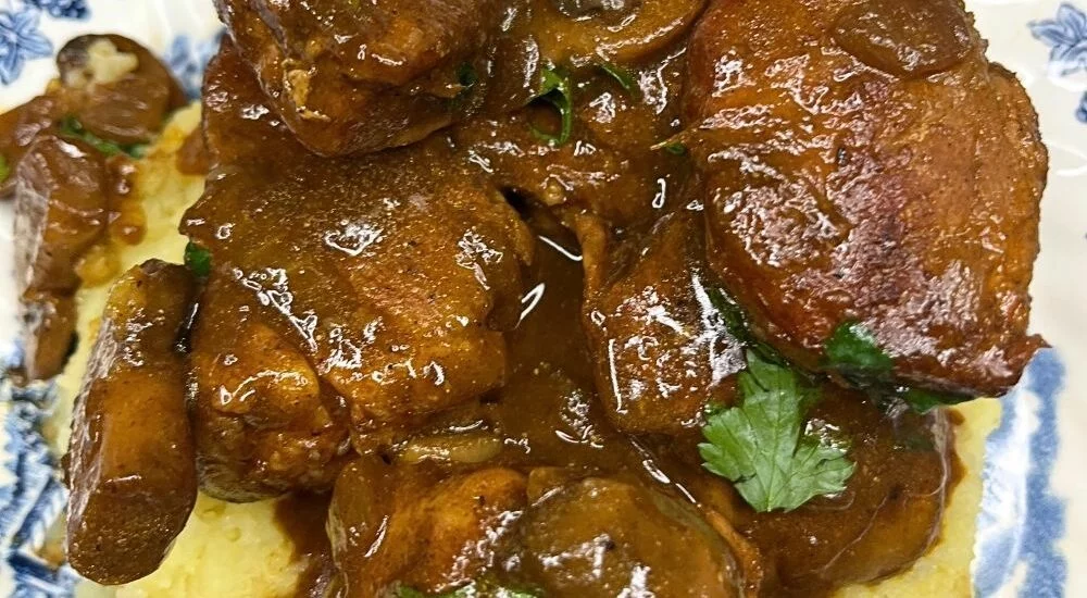 Beer-Braised Pork Medallions with Mushroom Onion Sauce