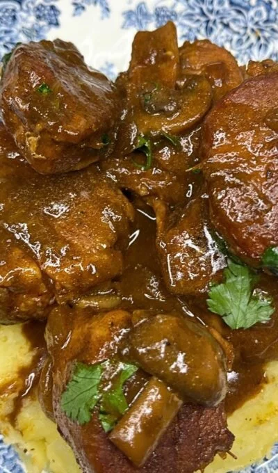 Beer-Braised Pork Medallions with Mushroom Onion Sauce