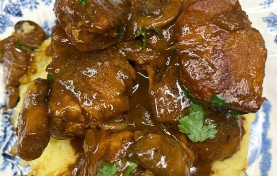 Beer-Braised Pork Medallions with Mushroom Onion Sauce