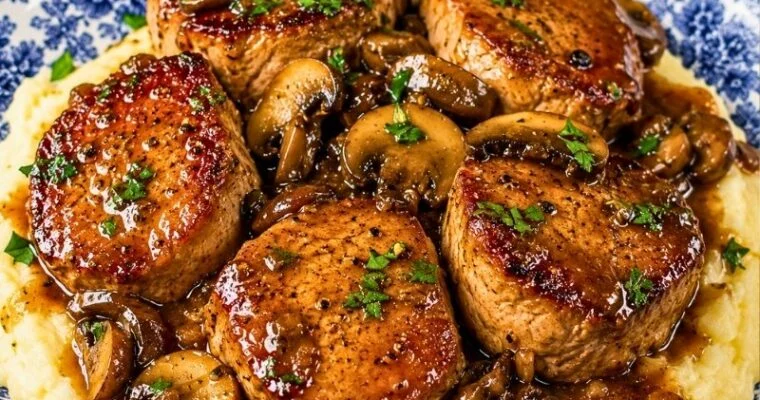 Beer-Braised Pork Medallions with Mushroom Onion Sauce
