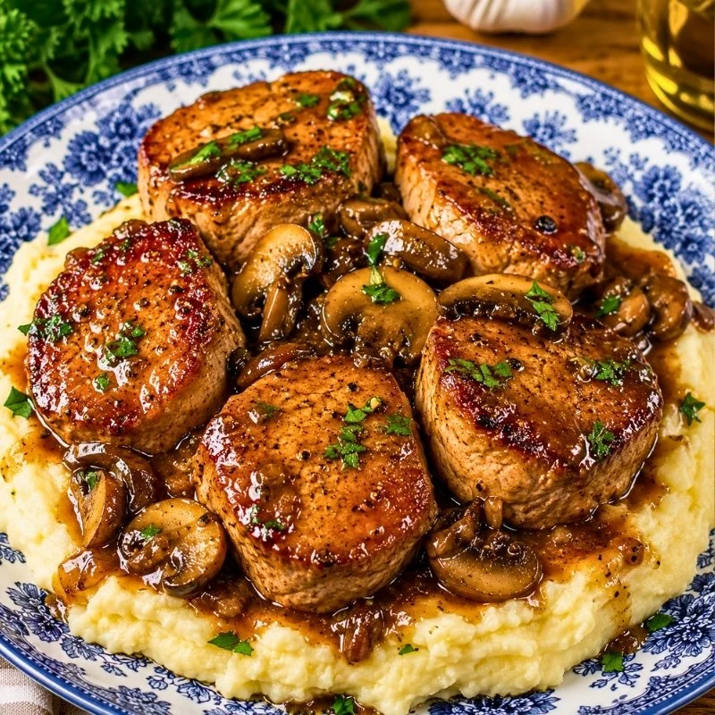 Beer-Braised Pork Medallions with Mushroom Onion Sauce
