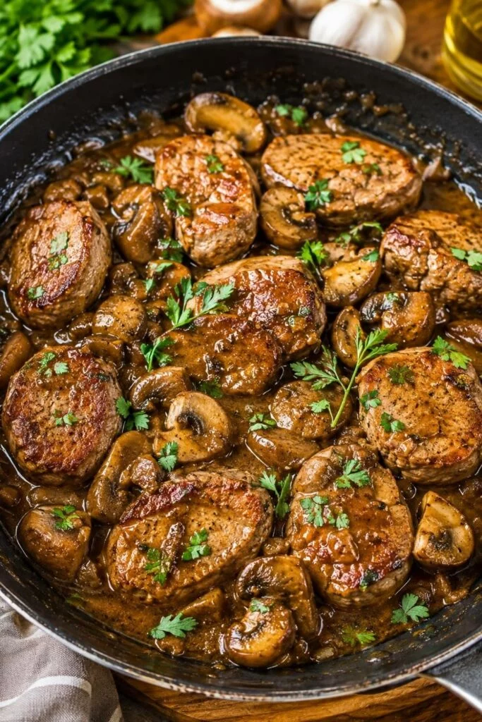 Beer-Braised Pork Medallions with Mushroom Onion Sauce