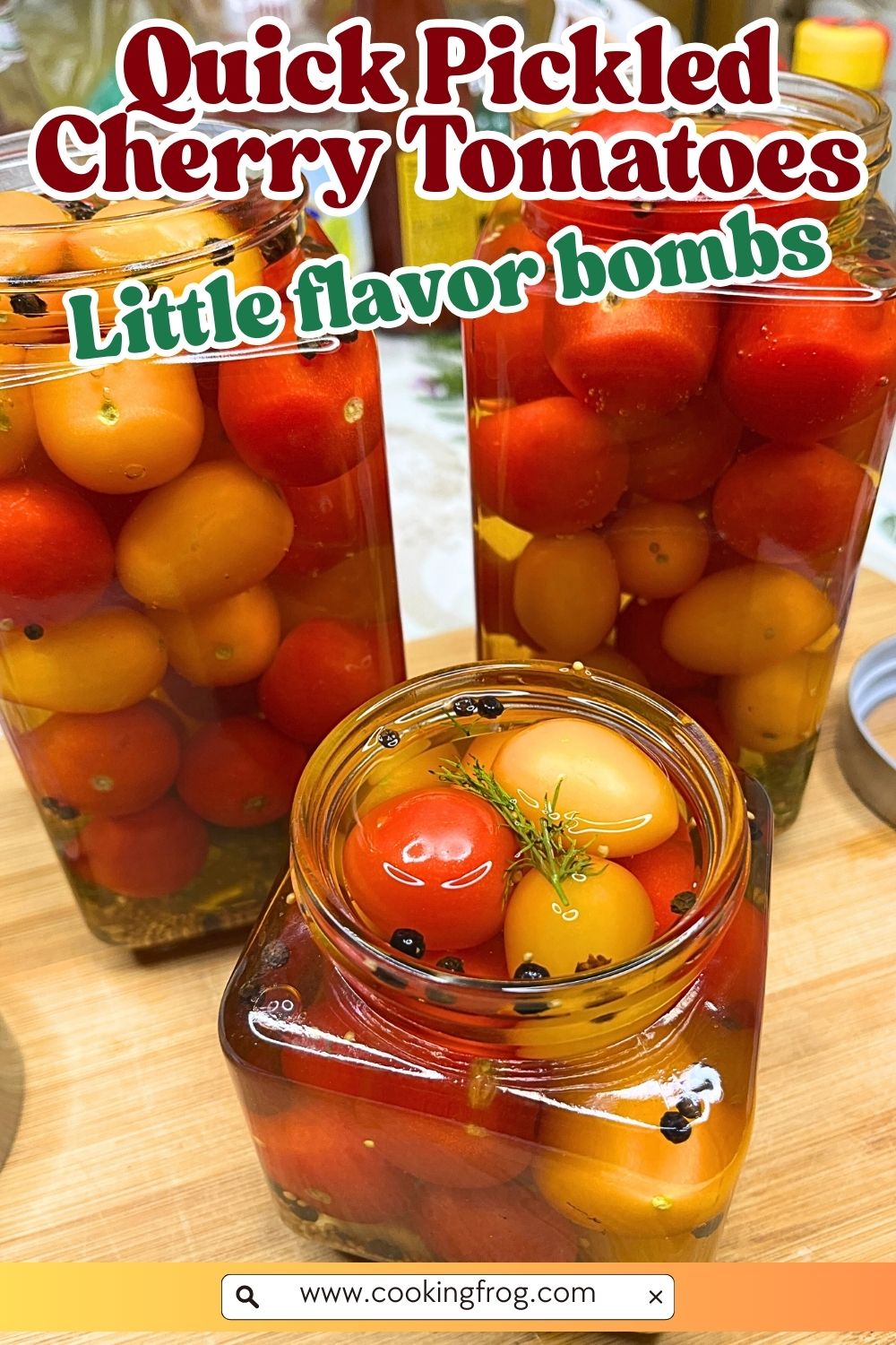 Colorful jars of pickled cherry tomatoes