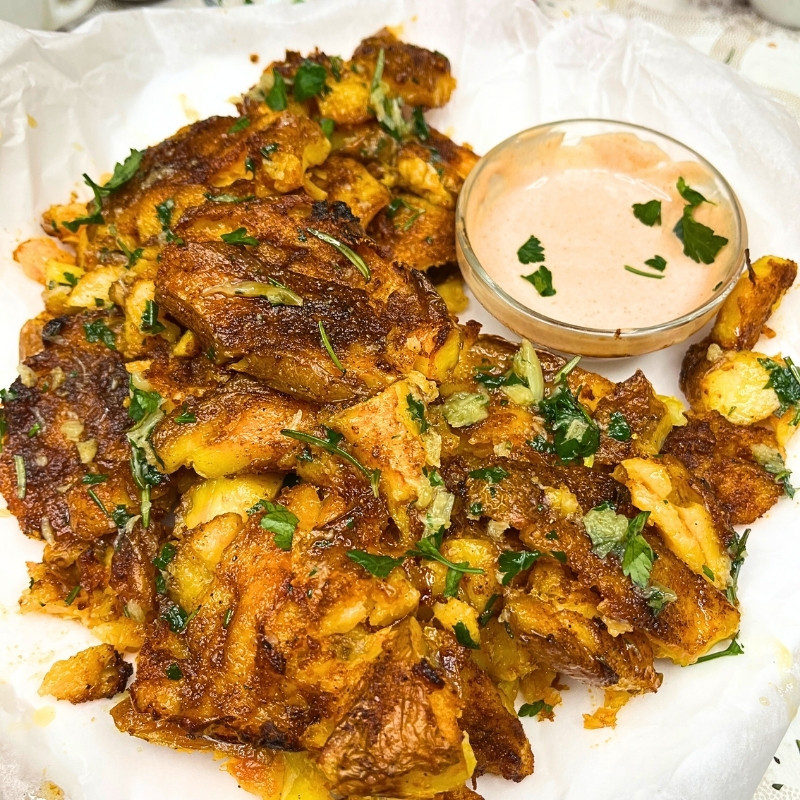 Crispy Smashed Potatoes with Roasted Garlic Herb Butter