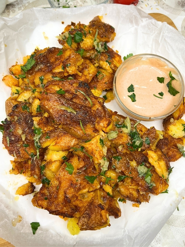Crispy Smashed Potatoes with Roasted Garlic Herb Butter