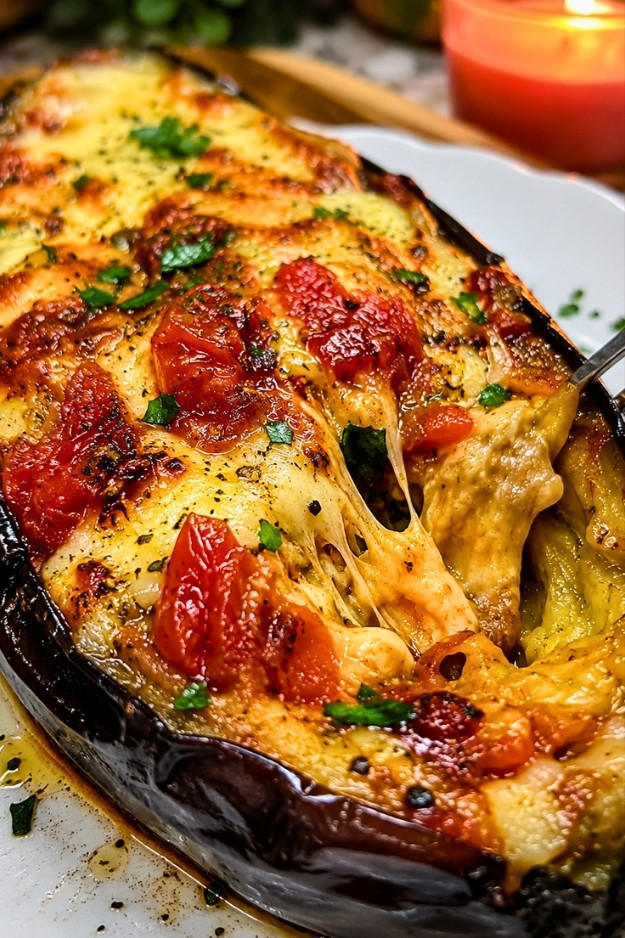 Cheesy Roasted Eggplant Boats With Tomatoes and Garlic