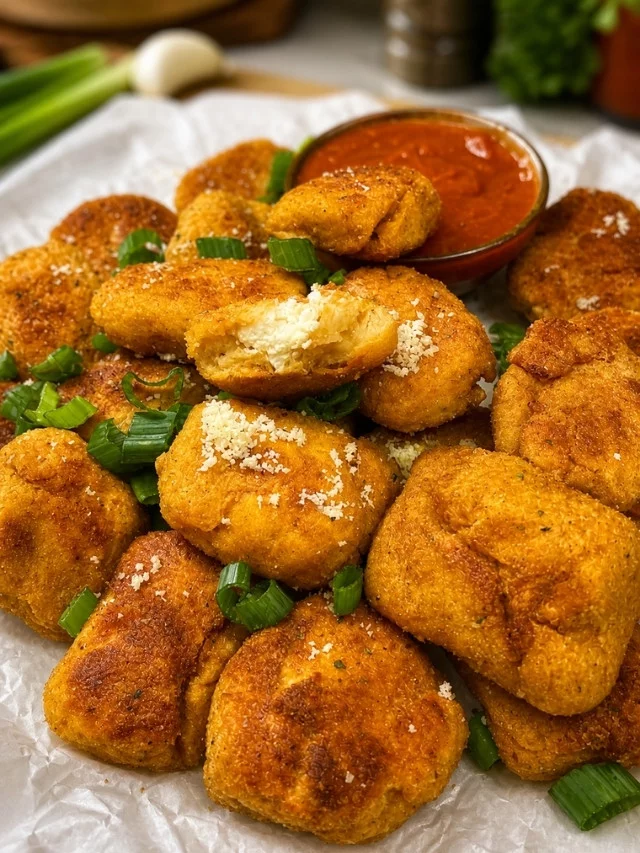Baked Cottage Cheese Chicken Nuggets on a plate with sauce