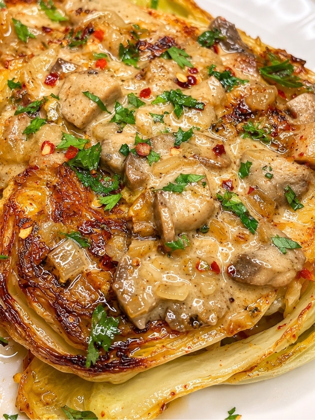 Cabbage Steaks with Creamy Mushroom Sauce