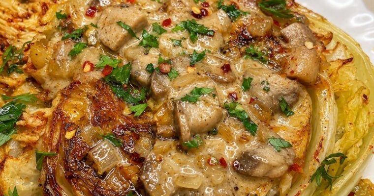 Cabbage Steaks with Creamy Mushroom Sauce