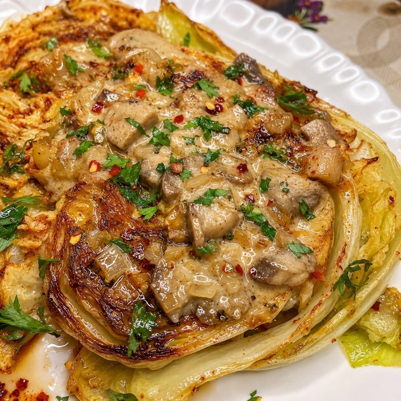 Cabbage Steaks with Creamy Mushroom Sauce