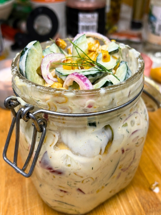 Creamy Street Corn Cucumber Salad in a Mason Jar