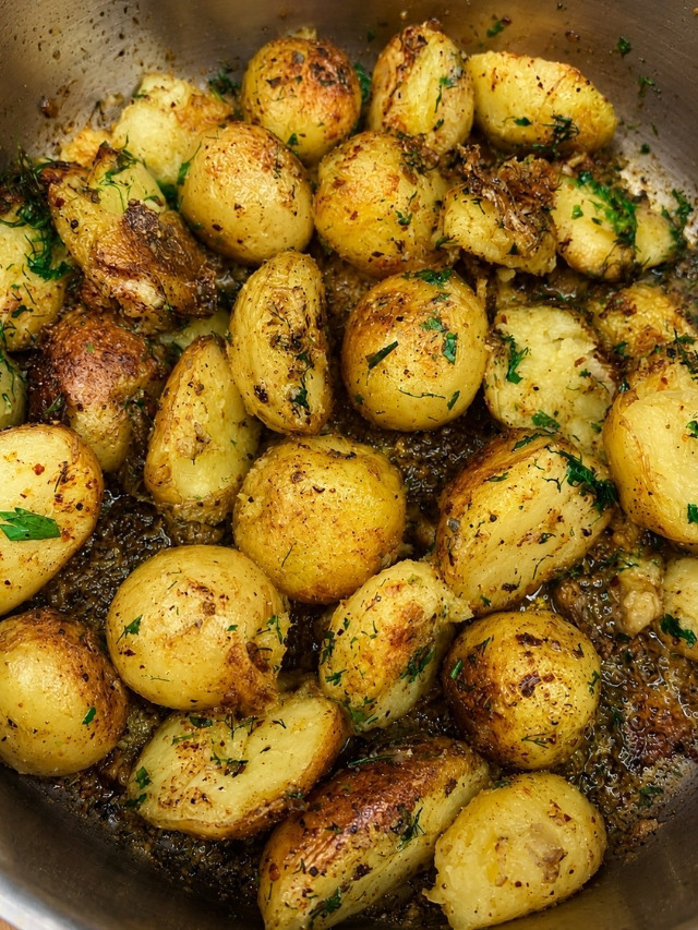 Crispy Pan Fried Baby Potatoes in a pan
