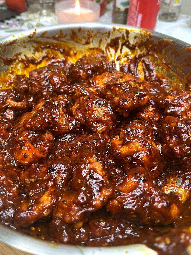 Korean Popcorn Chicken in a pan