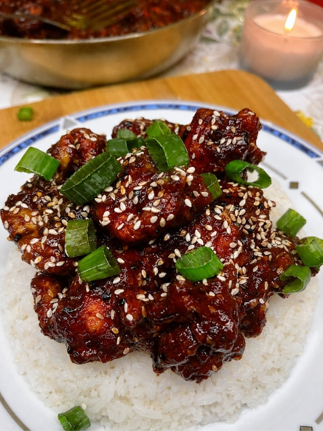 Korean Popcorn Chicken over rice